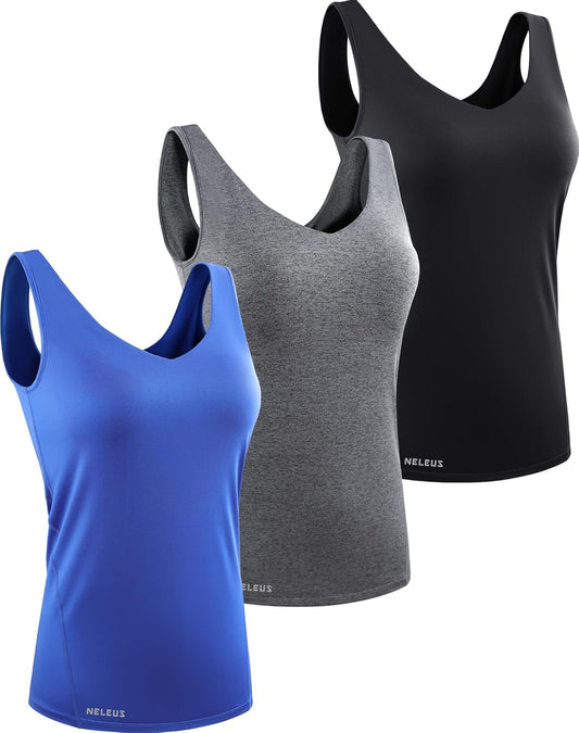 Women'S 3 Pack Compression Tank Top Support Yoga Bra with Cups Athletic Running Shirts