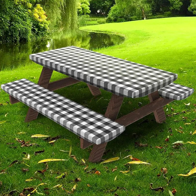 Rectangle Camping Picnic Table Cover + Benches 3-Pc Set, Backing Elastic Waterproof Wipeable Checkered Tablecloth