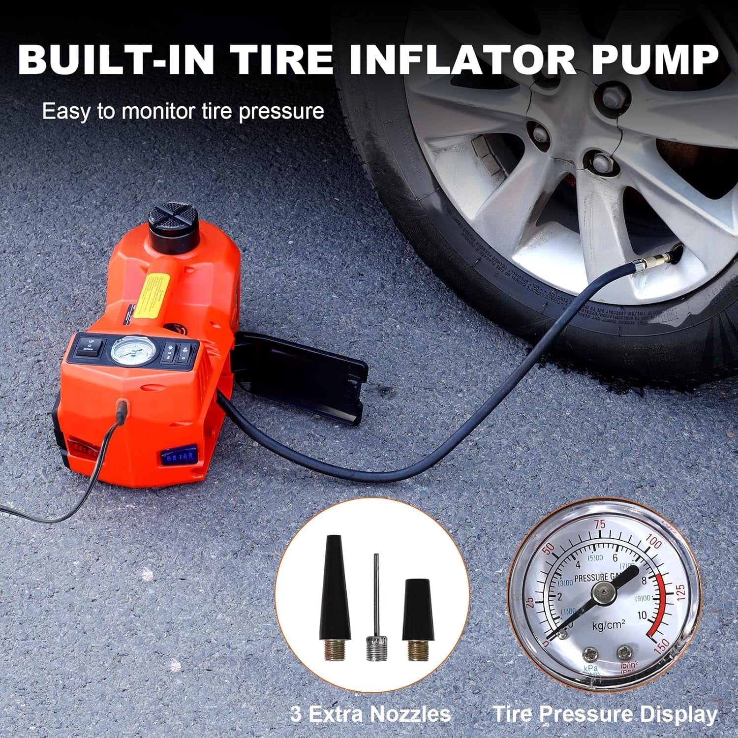 Electric Car Jack Kit 5 Ton 12V Floor Jack with Impact Wrench and Tire Inflator Pump Portable Hydraulic Car Jack for SUV Sedans Tire Change with LED Light, Lifting Height 6 to 17.7 Inch
