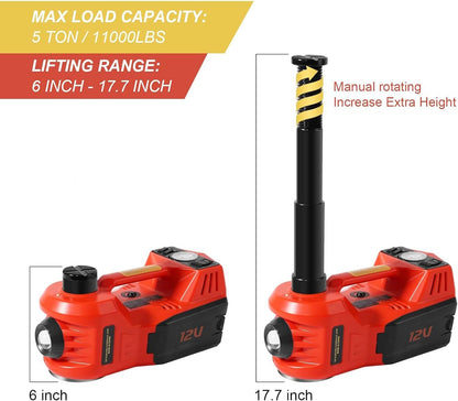 Electric Car Jack Kit 5 Ton 12V Floor Jack with Impact Wrench and Tire Inflator Pump Portable Hydraulic Car Jack for SUV Sedans Tire Change with LED Light, Lifting Height 6 to 17.7 Inch