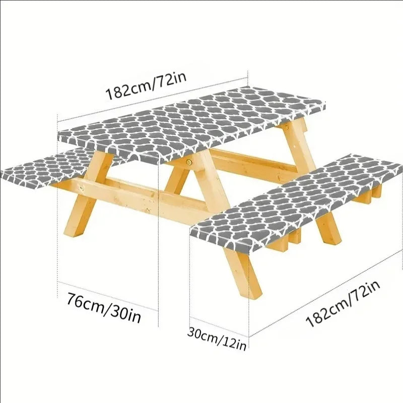 Rectangle Camping Picnic Table Cover + Benches 3-Pc Set, Backing Elastic Waterproof Wipeable Checkered Tablecloth