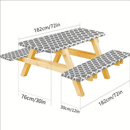 Rectangle Camping Picnic Table Cover + Benches 3-Pc Set, Backing Elastic Waterproof Wipeable Checkered Tablecloth