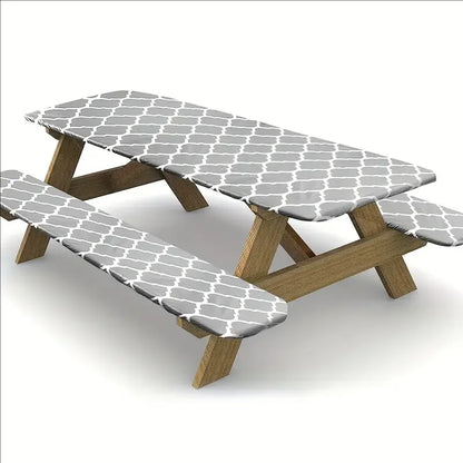 Rectangle Camping Picnic Table Cover + Benches 3-Pc Set, Backing Elastic Waterproof Wipeable Checkered Tablecloth