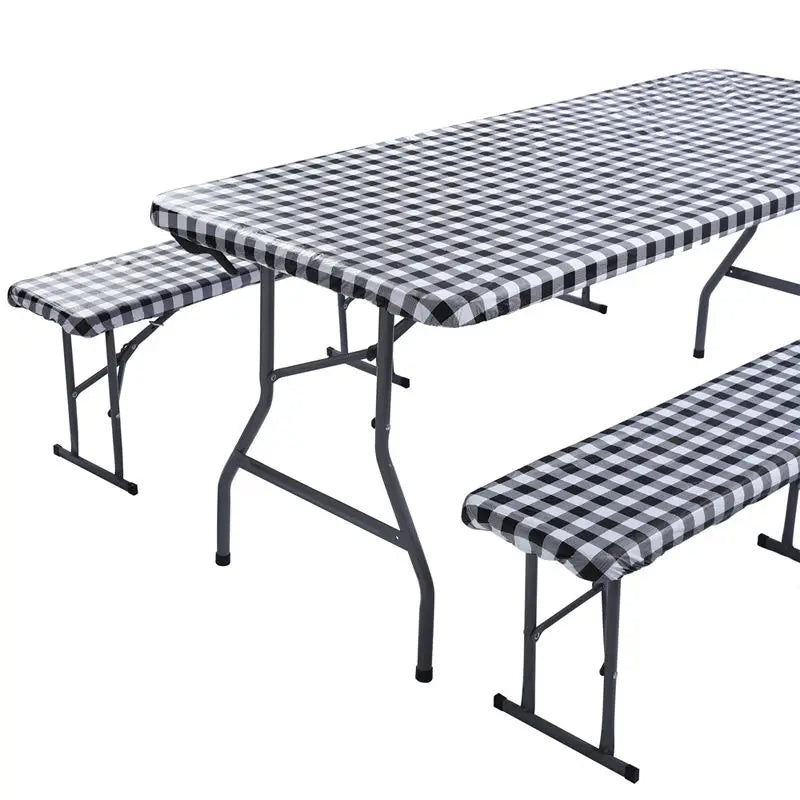 Rectangle Camping Picnic Table Cover + Benches 3-Pc Set, Backing Elastic Waterproof Wipeable Checkered Tablecloth