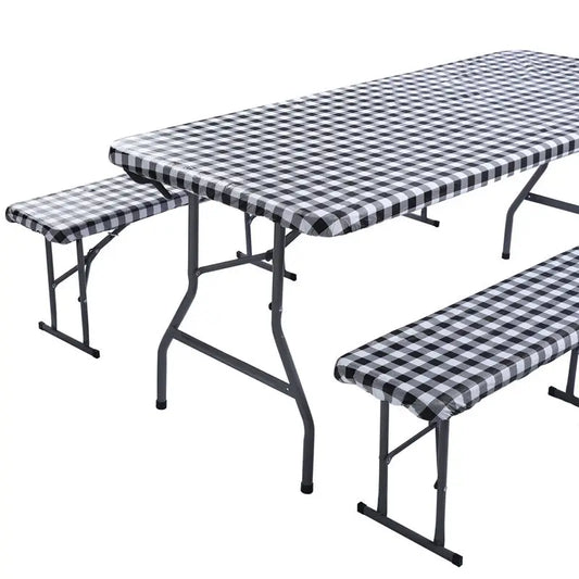 Rectangle Camping Picnic Table Cover + Benches 3-Pc Set, Backing Elastic Waterproof Wipeable Checkered Tablecloth
